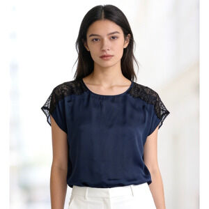 Express Blue Satin Black Sheer Lace on Sleeves & Back Womens Medium Top Blouse